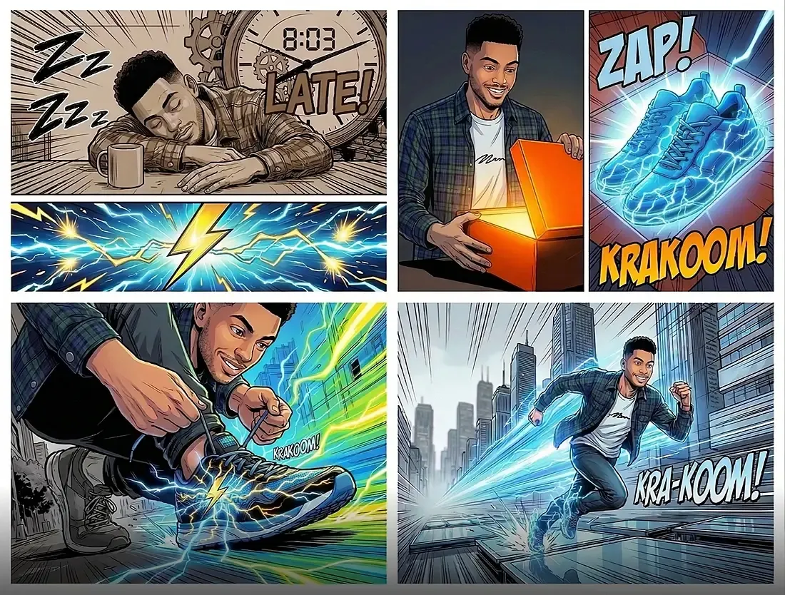 AI-generated comic strip storyboard layout from a single guest photo