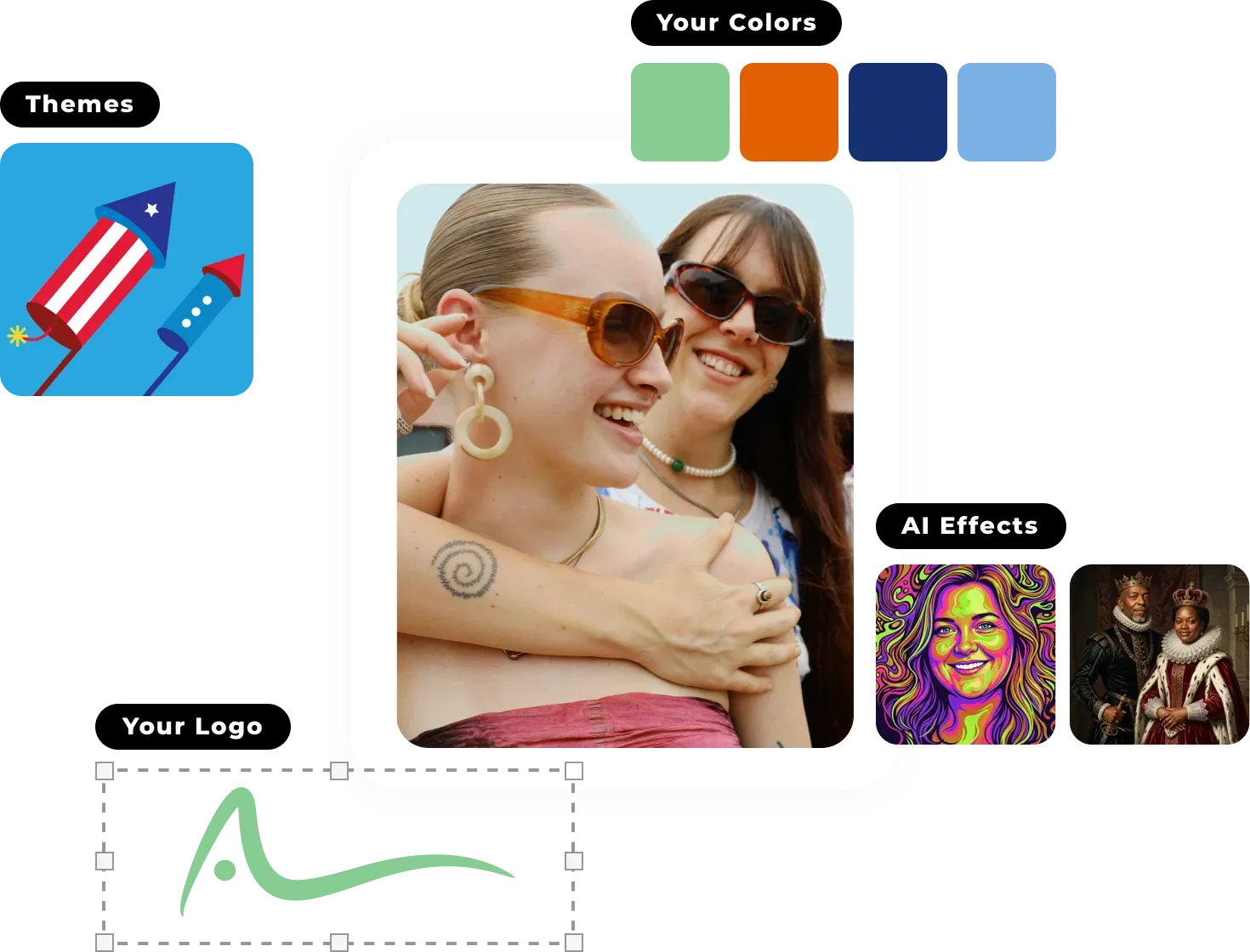 Photo booth photo surrounded by customization options: themes, brand colors, AI effects, and a custom logo